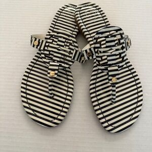 NEW Tory Burch Miller Sandal Striped Patent Leather Navy Blue White Women's 7